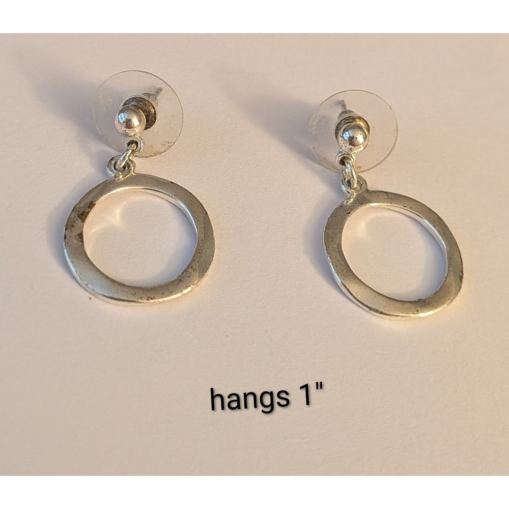 Silver Tone Open Circle Drop Earrings Minimalist Geometric Dangle Post Backs